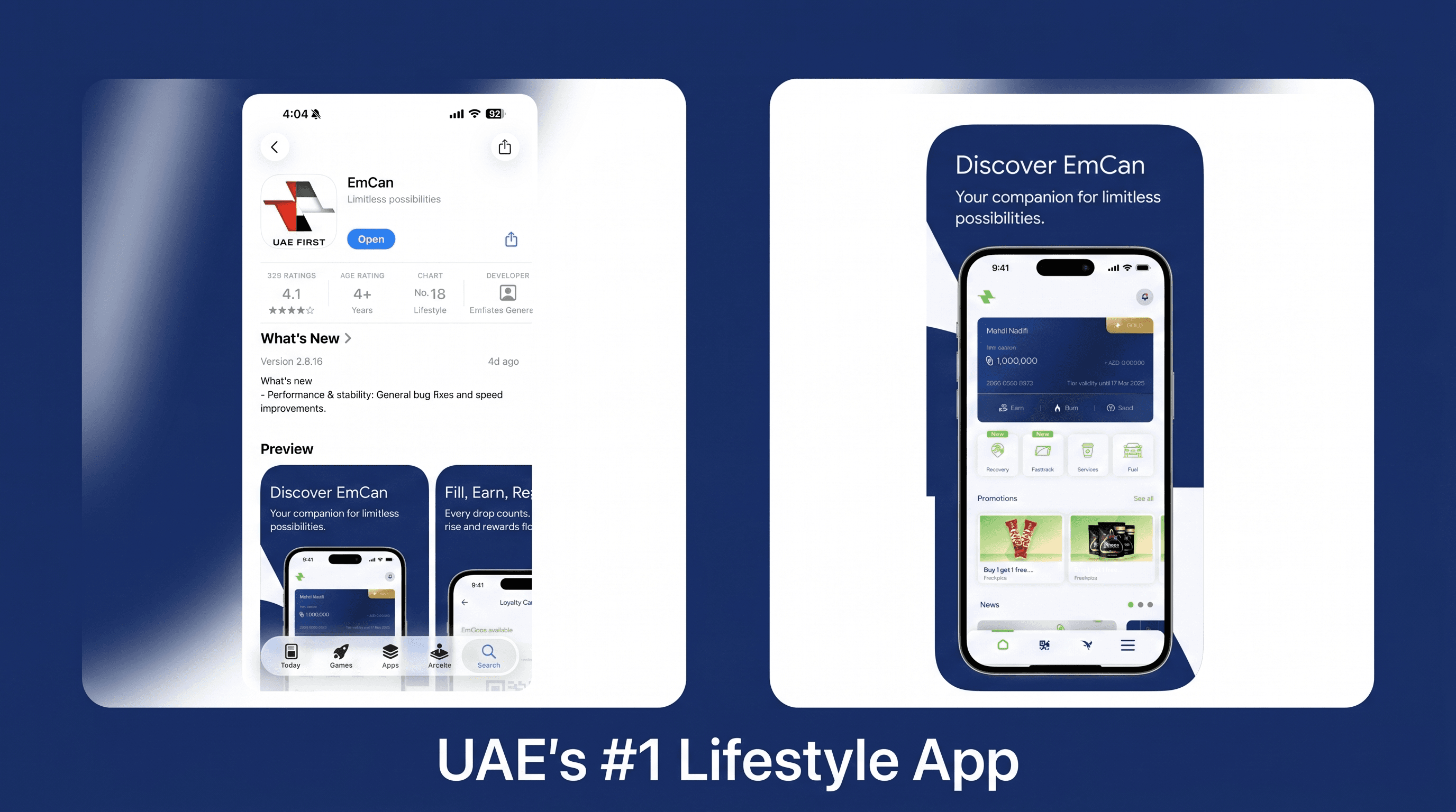 EmCan app loyalty program screens showing fuel station map, rewards balance, and transaction history