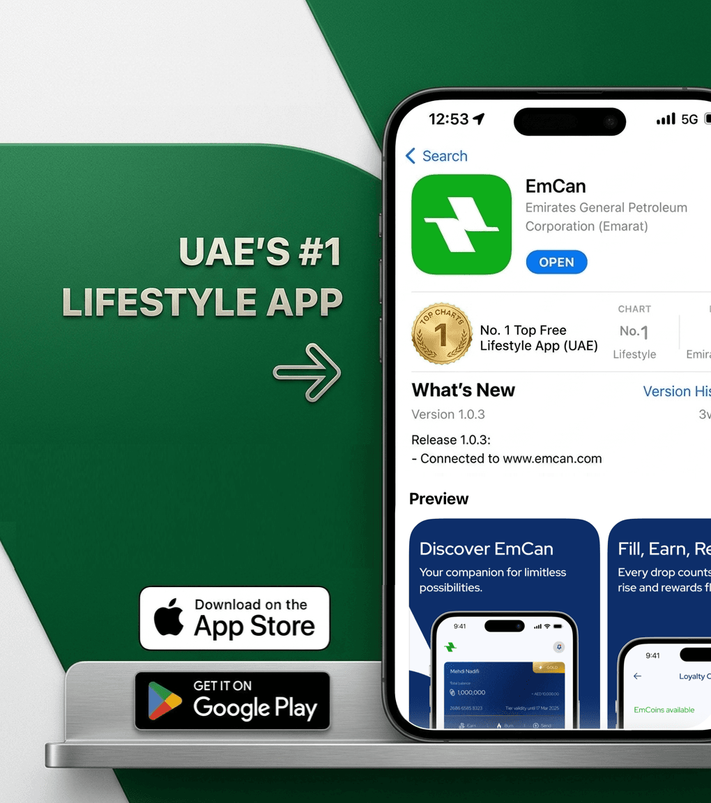EmCan app home screen showing loyalty balance and fuel station features