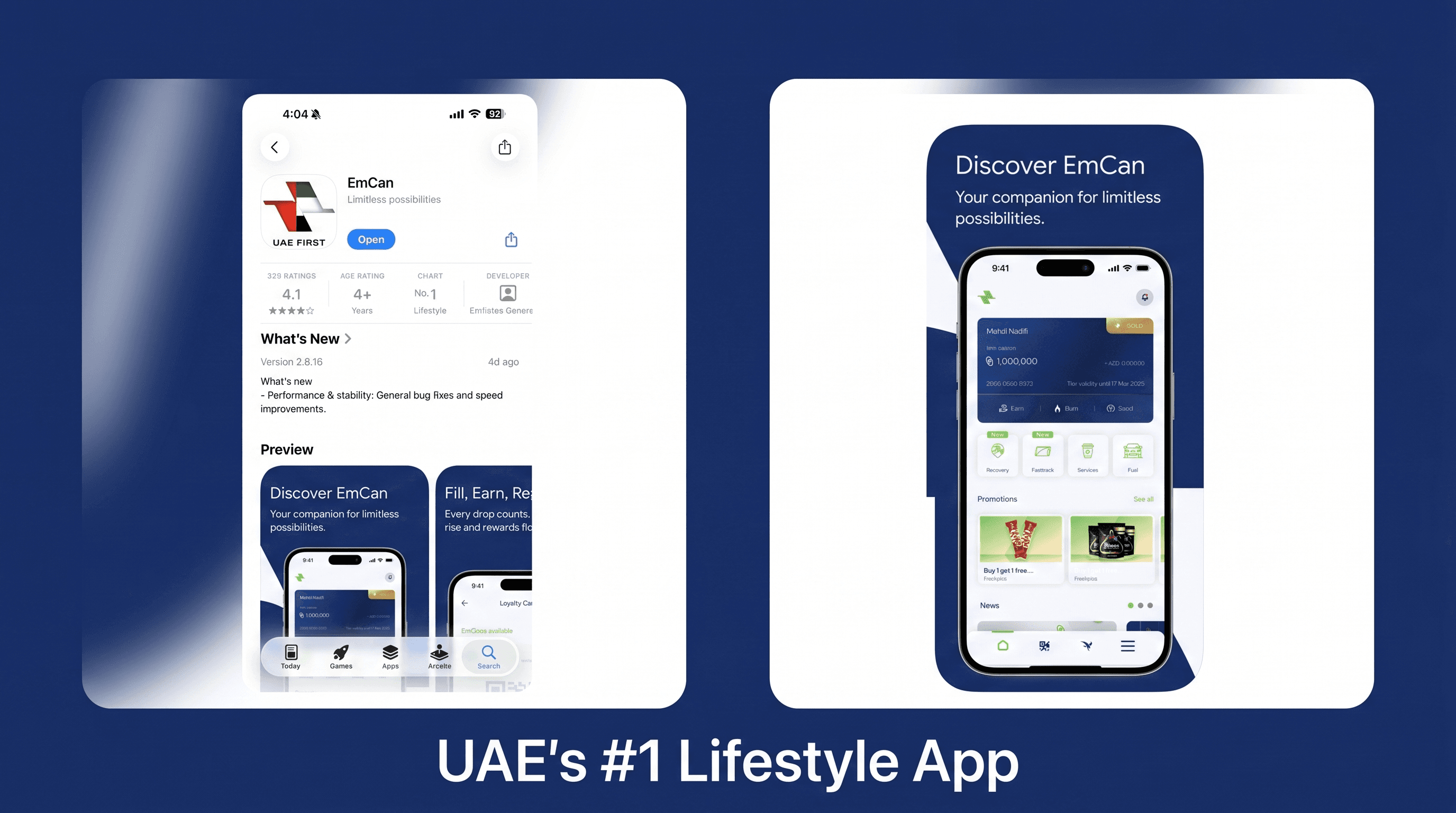 Marketing composite for EmCan: the App Store listing showing the app at No. 1 in the Lifestyle chart and rated 4.1 from 329 ratings, beside a Discover EmCan panel showing the loyalty card with its points balance and Gold tier, under the line UAE's #1 Lifestyle App.