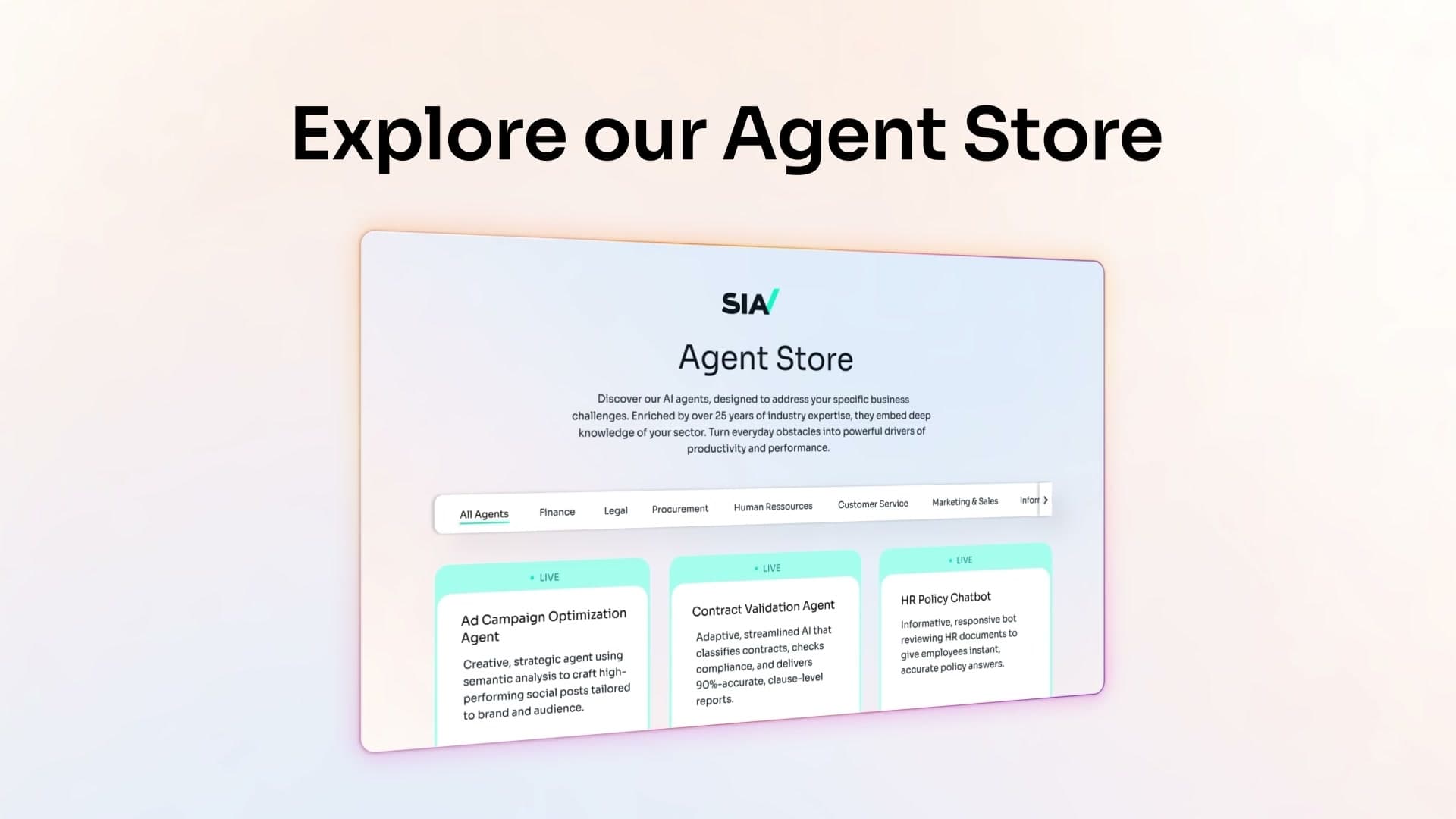 The Sia Agent Store, showing prebuilt AI agents for advertising, contract review and HR policy, with category tabs for finance, legal, procurement and other functions